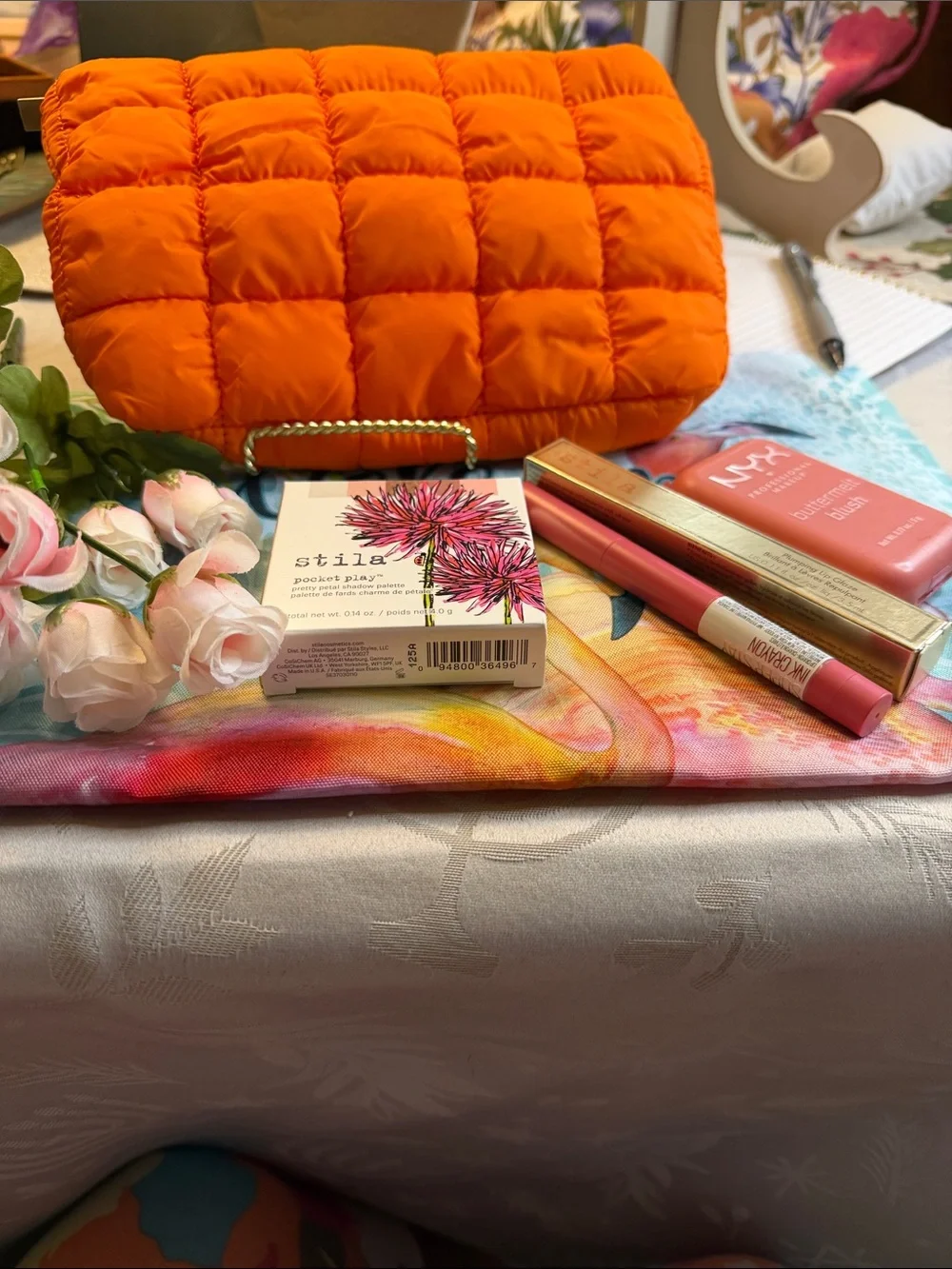 Stila Orange Quilted Cosmetic Clutch with Pink Makeup Accents